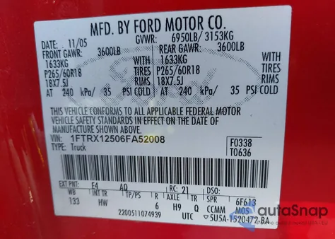 2006 Ford F-150 Lariat/Xl/Xlt from USA, damaged, VIN 1FTRX12506FA52008